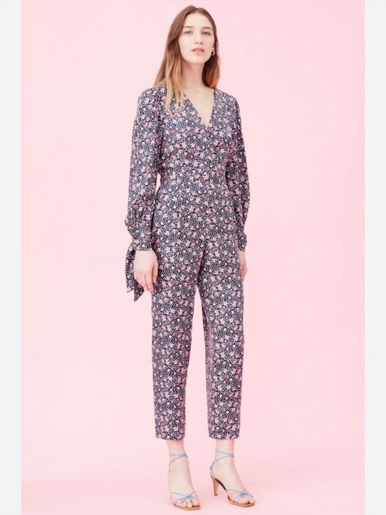 Rebecca Taylor Pants - Floral V-Neck Long Sleeve Jumpsuit in Navy with Coral Accents
